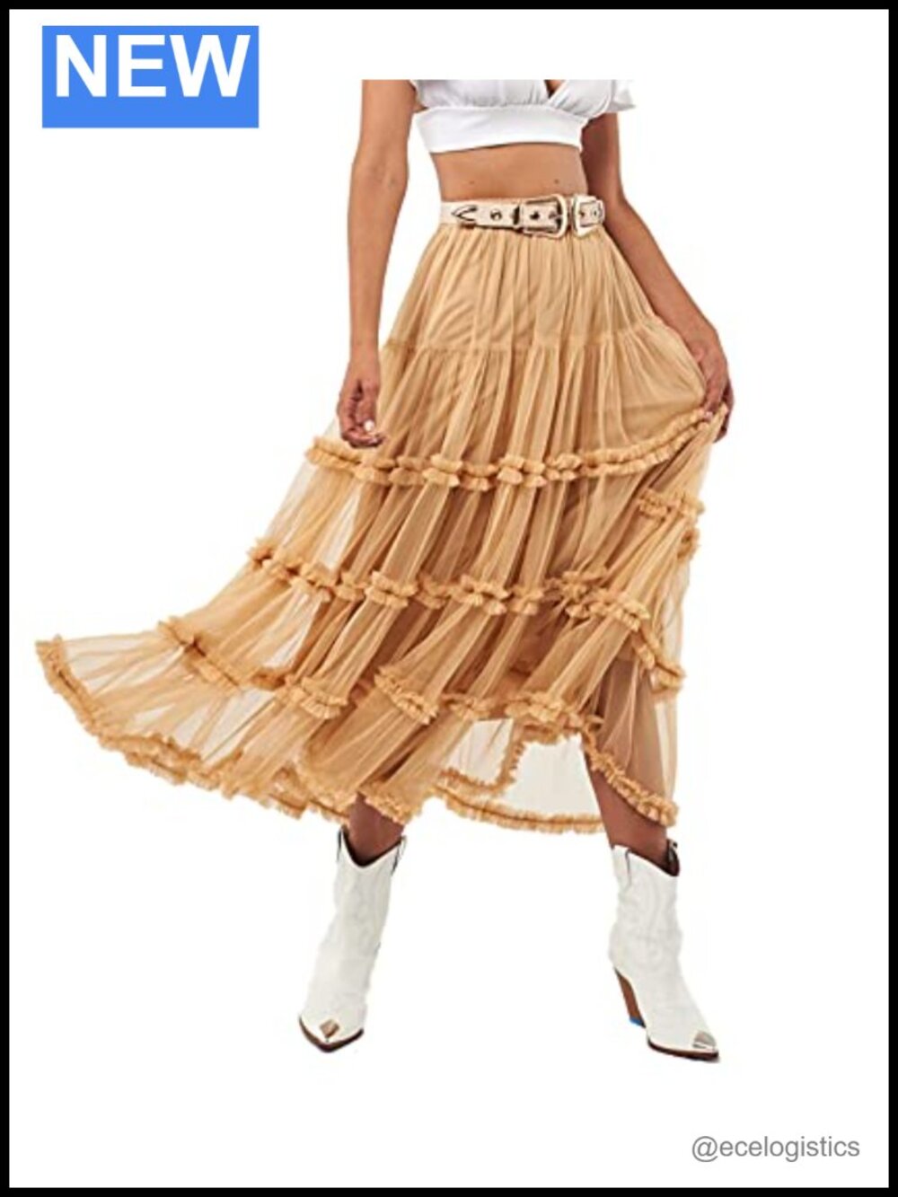 Tulle Midi Skirt Tiered Ruffles A-Line Pull On Party